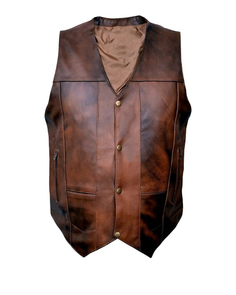 Distressed Brown Leather Vest For Men