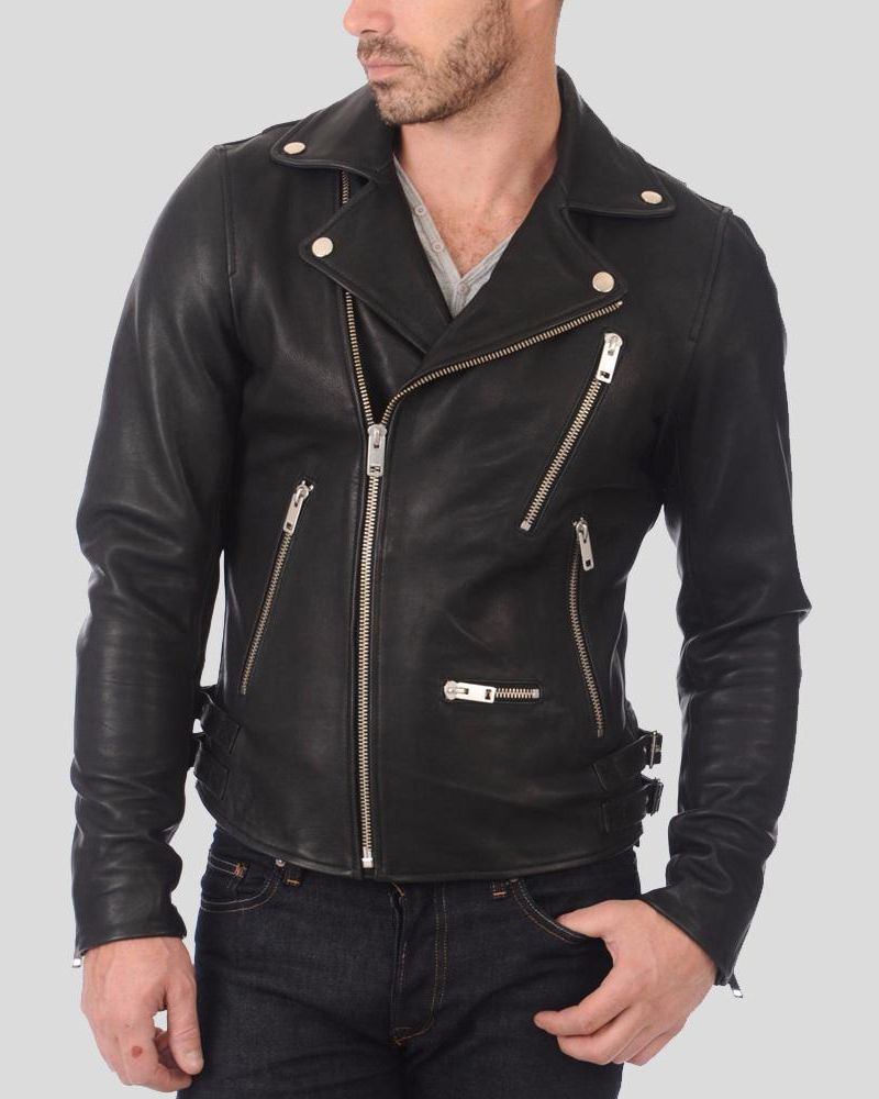 Gender: Men Color: Black Material: Real Leather Style: Motorcycle  Front: Zipper Closure Internal Lining: Viscose Collar: Notch Lapel Collar Pockets: 