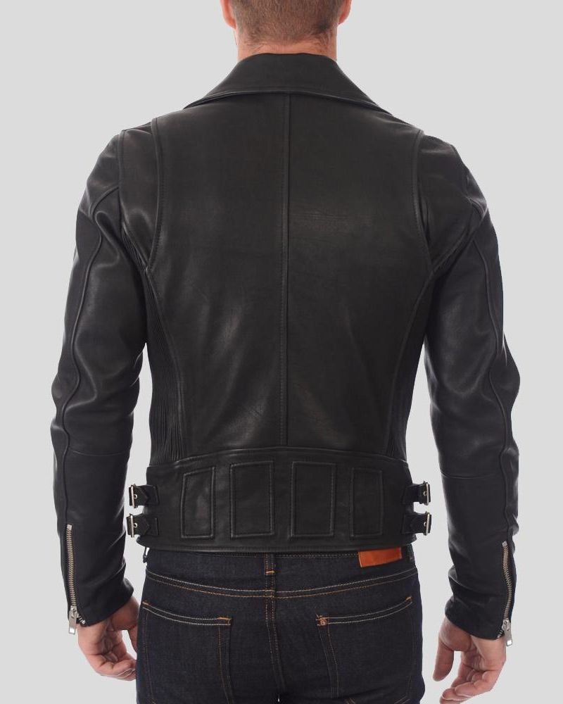Gender: Men Color: Black Material: Real Leather Style: Motorcycle  Front: Zipper Closure Internal Lining: Viscose Collar: Notch Lapel Collar Pockets: 