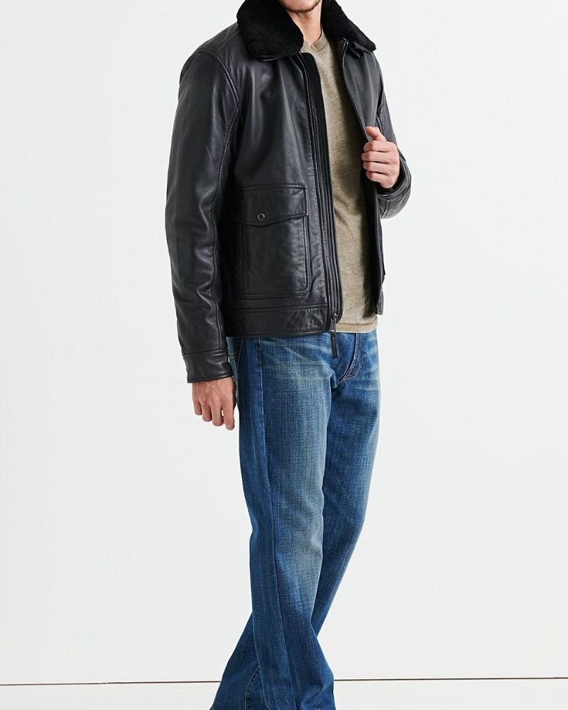 Men Shearling Black Leather Jacket