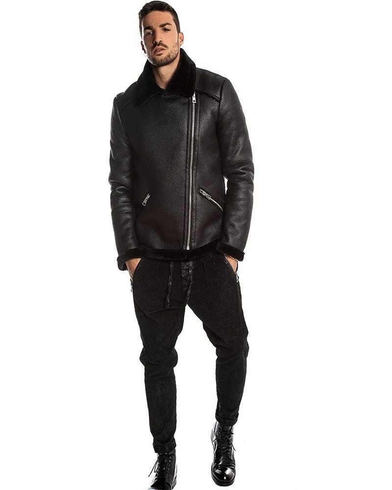 Men Ink Black Shearling Leather Jacket