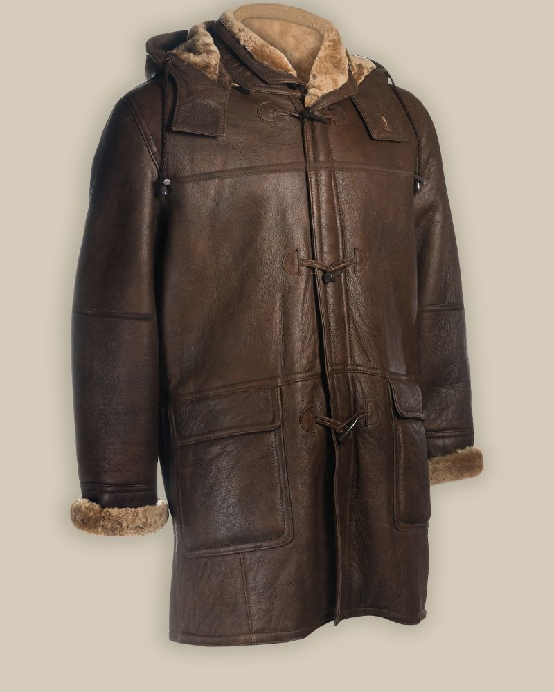 Men Dark Brown Shearling Leather long Coat