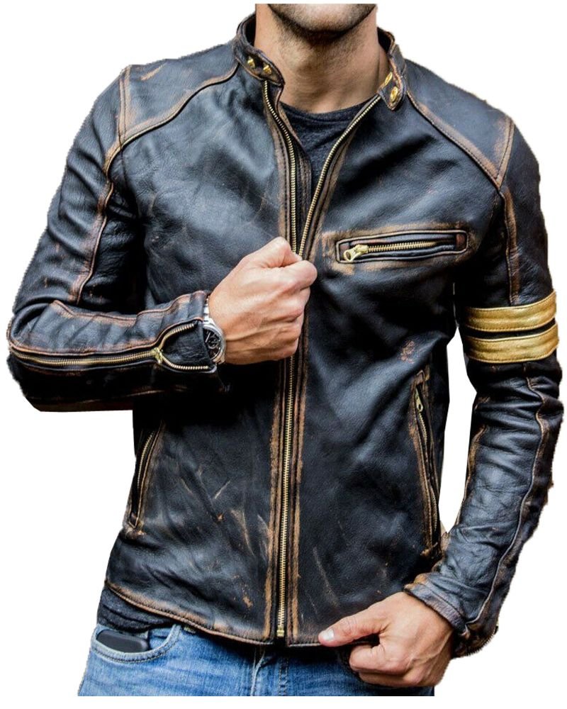 Black Biker Vintage Motorcycle Distressed Cafe Racer Leather Jacket