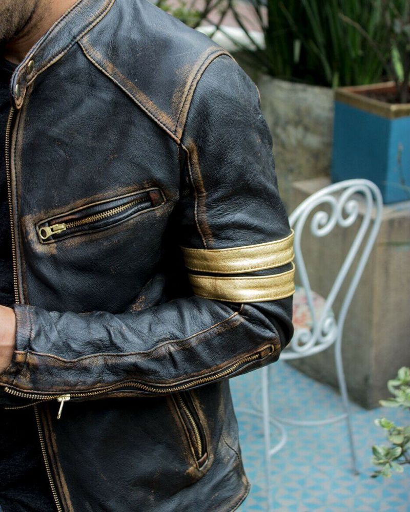 Men's Black Vintage Motorcycle Cafe Racer Leather Jacket