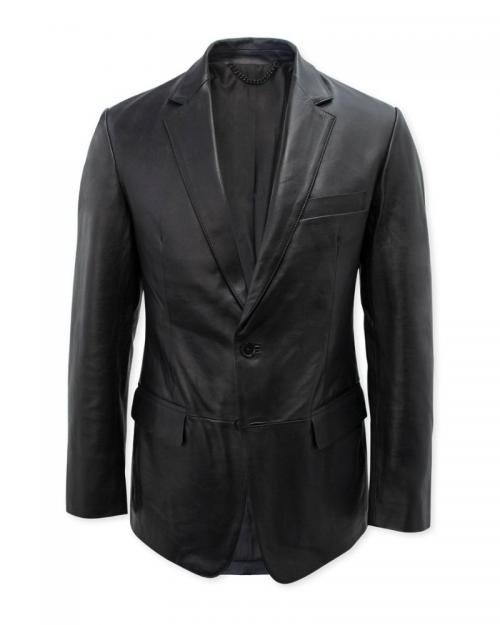 Navy Men Bonded Two-button Leather Blazer