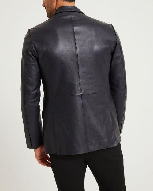 Navy Men Bonded Two-button Leather Blazer