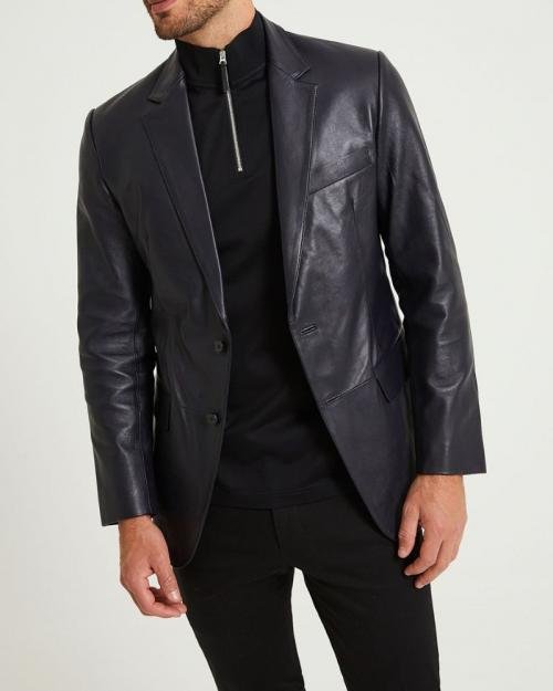 Navy Men Bonded Two-button Leather Blazer