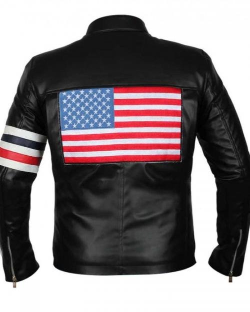 USA Flag Men White Red and Blue Stripe Black Leather Jacket 
