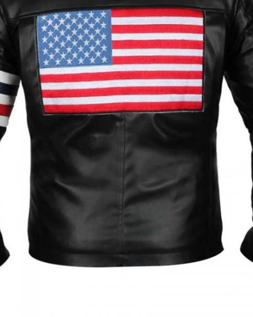 USA Flag Men White Red and Blue Stripe Black Leather Jacket 