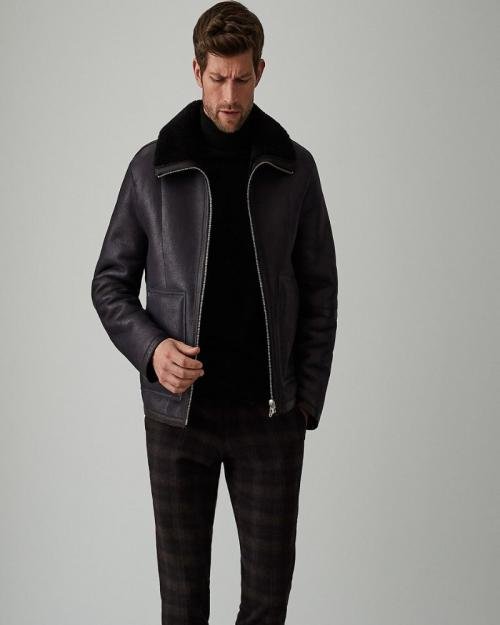 Black Aviator Flying Leather Shearling Jacket
