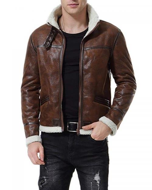 Men Distressed Brown Bomber Fur Jacket