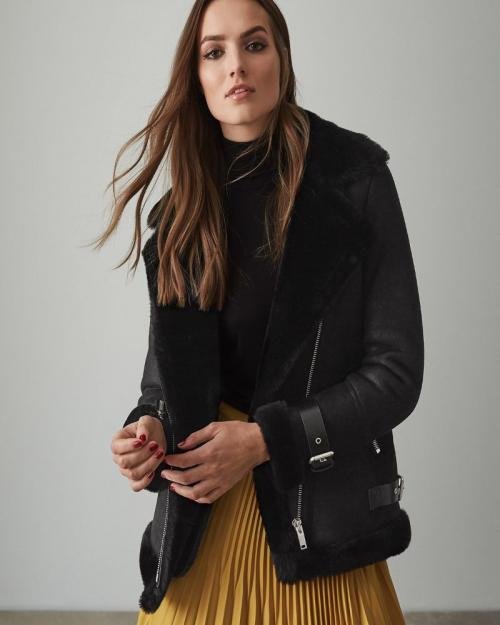 Black Shearling Leather Jacket FOR Women 