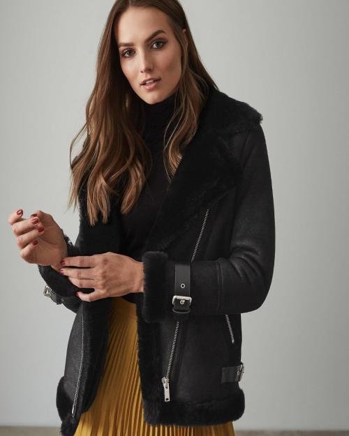 Black Shearling Leather Jacket FOR Women 