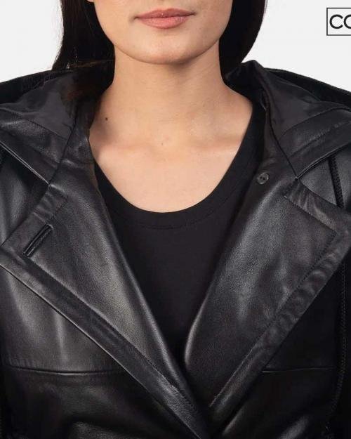 Women Hooded Black Trench Coat