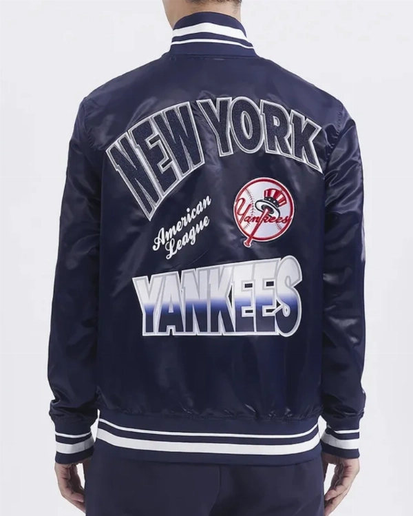 New York Yankees Turn It Up M Navy Satin Ribbed Varsity Jacket