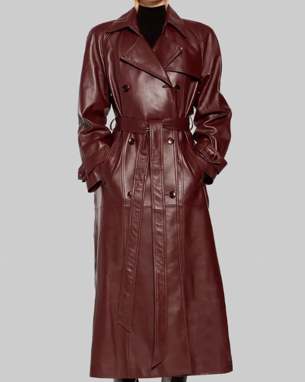 Megan Fox Maroon Trench Coat In Premium Leather