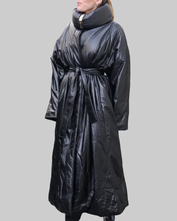 Miley Cyrus Style Black Leather Trench Coat for Women