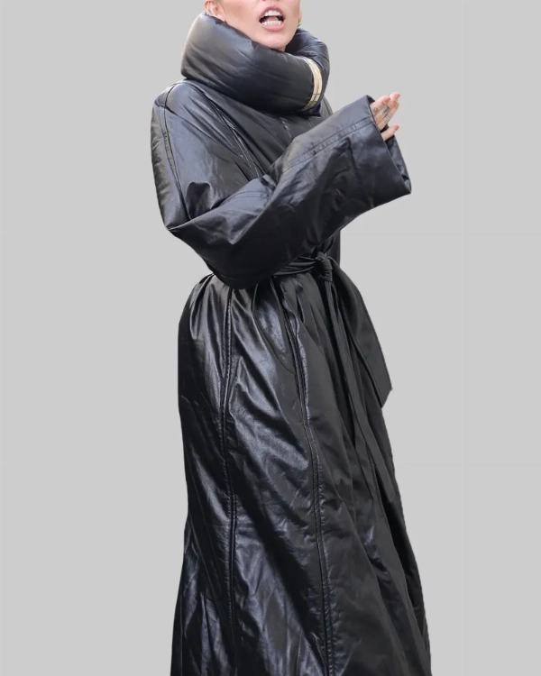 Miley Cyrus Celebrity Black Leather Trench Coat Outfit