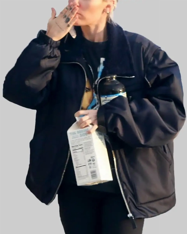 Women’s Black Leather Bomber Jacket Inspired By Miley Cyrus