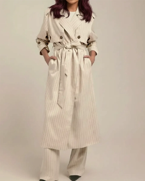 Chic Women’s Striped Overcoat  Selena Gomez Inspired Outfit