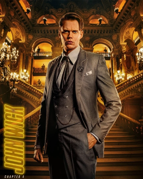 John Wick Chapter 4 Bill Skarsgård Marquis Gray Blazer Outfit