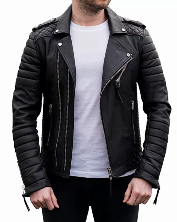 Men’s Casual Black Leather Biker Jacket  Classic Fit