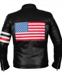 USA Flag Men White Red and Blue Stripe Black Leather Jacket 
