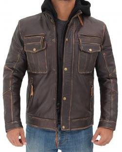 Hooded Leather Jacket for Mens