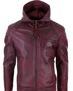 Mens Hooded Biker Leather Jacket