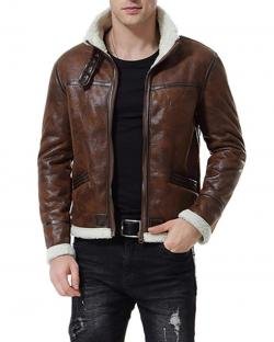 Men Distressed Brown Bomber Fur Jacket
