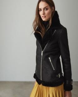 Black Shearling Leather Jacket FOR Women 