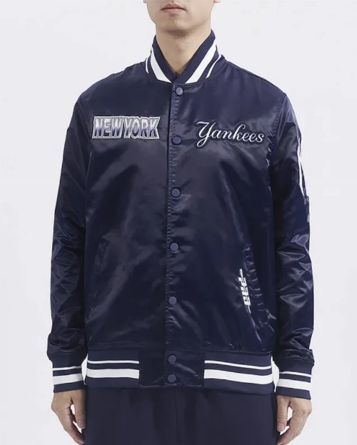 NY Yankees Turn It Up M Classic Rib Navy Satin Jacket