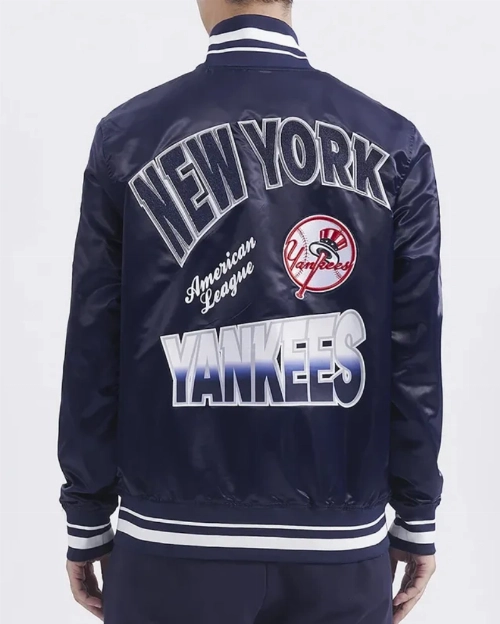 New York Yankees Turn It Up M Navy Satin Ribbed Varsity Jacket