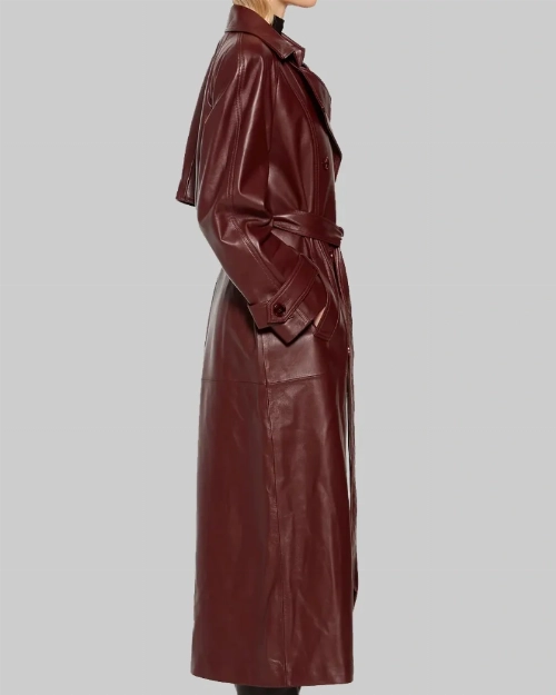 Megan Fox Style Maroon Leather Trench Coat
