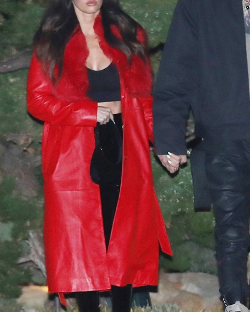 Statement Red Trench Coat with Soft Fur  Megan Fox Look