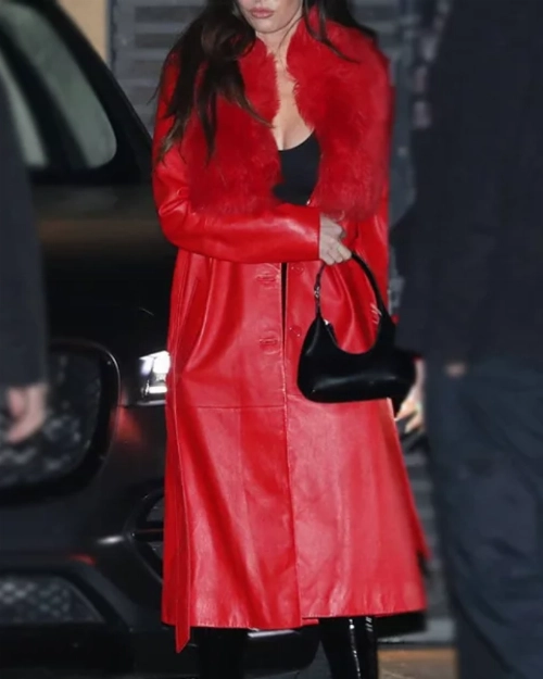 Megan Fox Red Fur Outerwear for Elegant Winter Fashion
