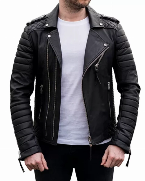 Men’s Casual Black Leather Biker Jacket  Classic Fit