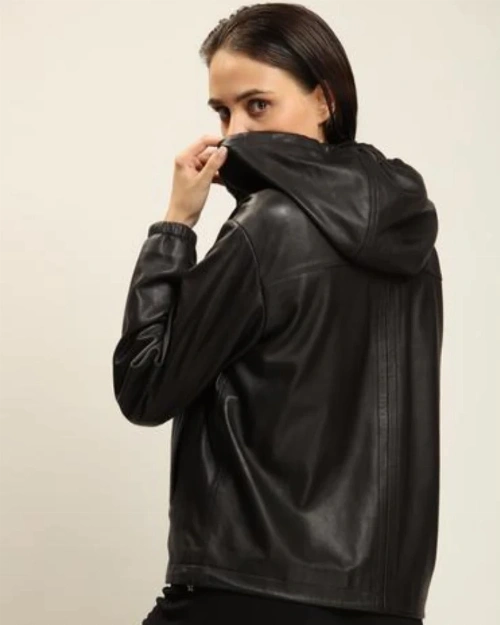 Black Lambskin Leather Jacket With Detachable Hood For Women - image 2