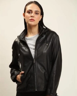 Black Lambskin Leather Jacket With Detachable Hood For Women - image 1