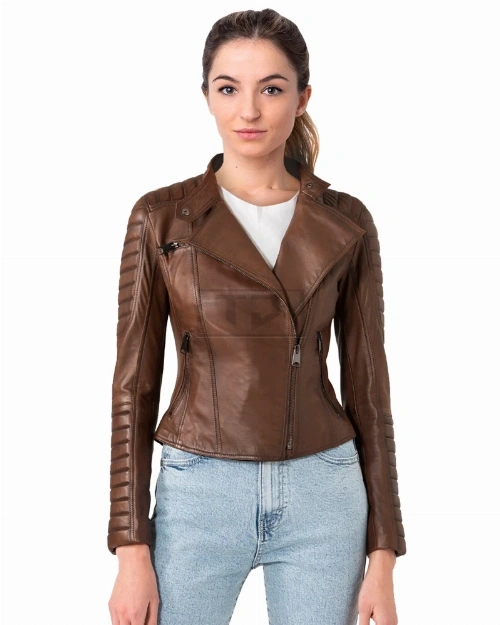 Women's Bold Cropped Brown Leather Biker Jacket - image 1