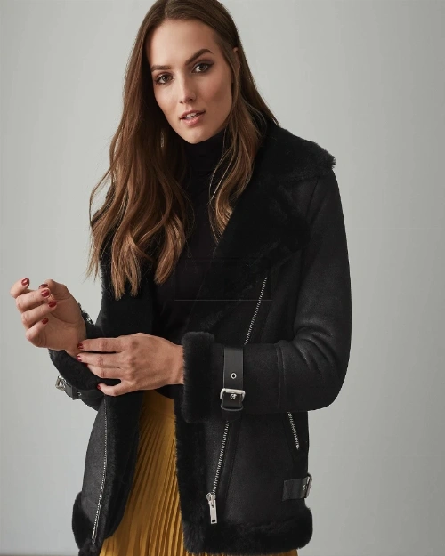 Women Black Shearling Leather Jacket