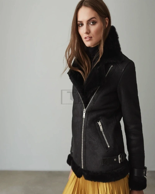 Women Black Shearling Leather Jacket - image 3