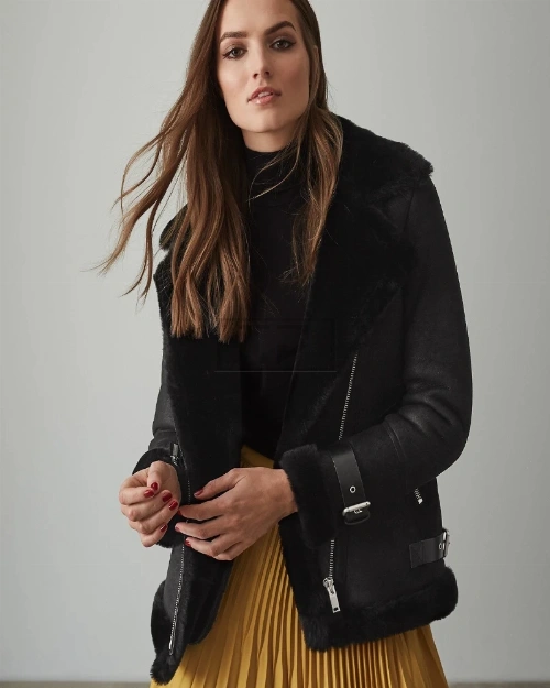 Women Black Shearling Leather Jacket - image 4