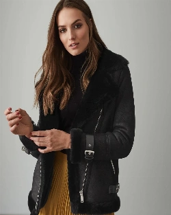 Women Black Shearling Leather Jacket - image 1