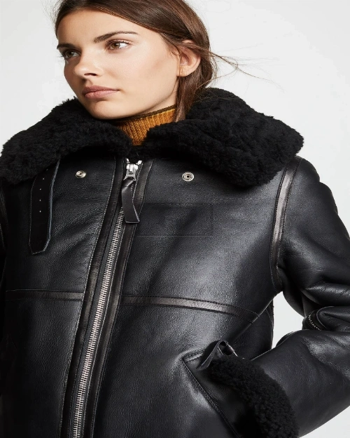 Women Black B3 Bomber Shearling Jacket - image 3
