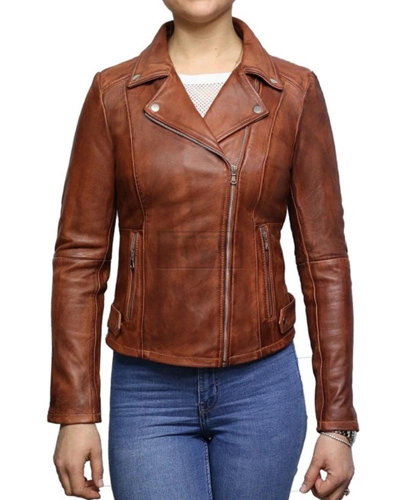 Lambskin Leather Women Slim Fit Brown Biker Jacket - image 1