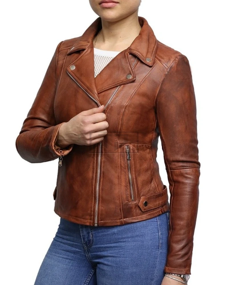 Lambskin Leather Women Slim Fit Brown Biker Jacket - image 2