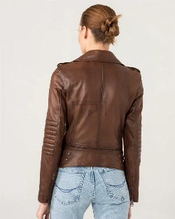 Elegant Brown Biker Leather Jacket For Women - image 3
