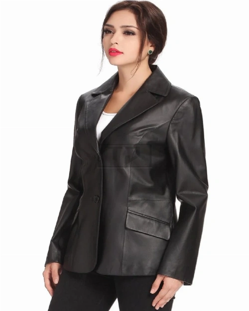 Women Black Leather Blazer - image 3