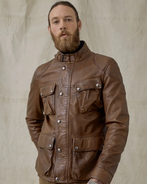 Men Lambskin Leather Field Jacket In Walnut Color - image 1